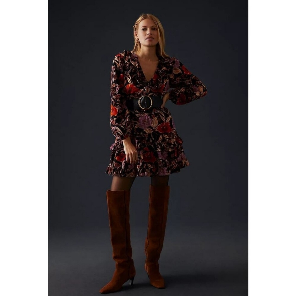Floral V-Neck Long Sleeve Mini Dress in Black and Red
